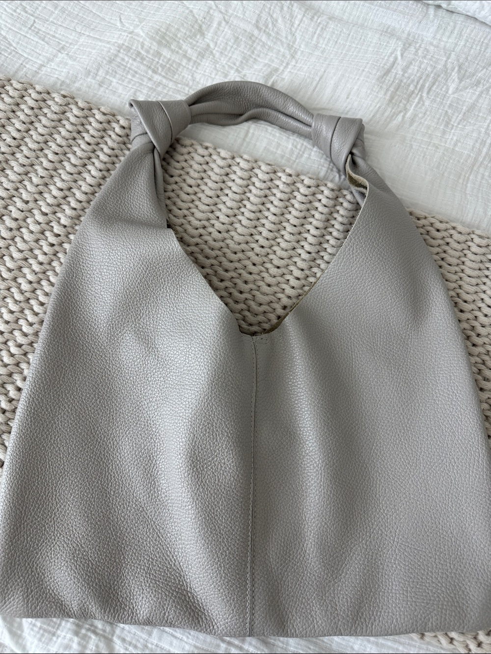 Minimalist Leather Knotted Handle Tote in Light Gray